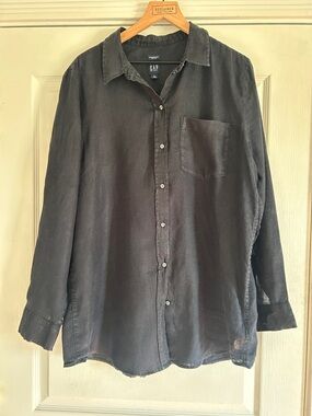 GAP Black Boyfriend Linen Button-Up Shirt Large TALL